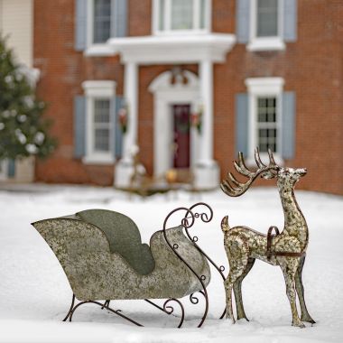 Large Galvanized Reindeer and Sleigh Decoration