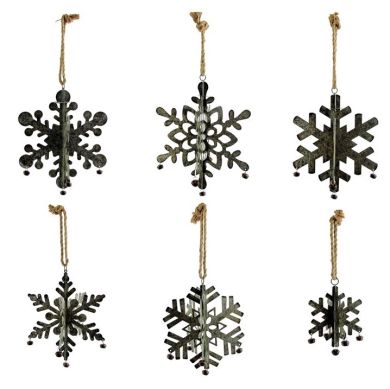 Set of 6 Hanging Galvanized Folding Snowflakes with Bells