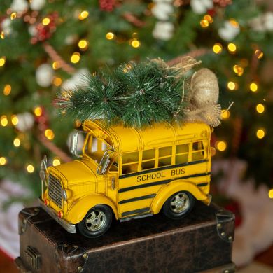 Vintage Style Yellow Model School Bus with Christmas Tree