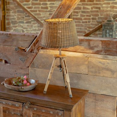 Rattan Style Table Lamp with Wooden Tripod and Bamboo Shade
