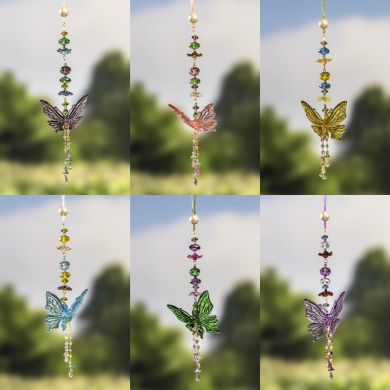 Hanging Acrylic Butterfly Ornaments with Dangling Beads in 6 Assorted Colors