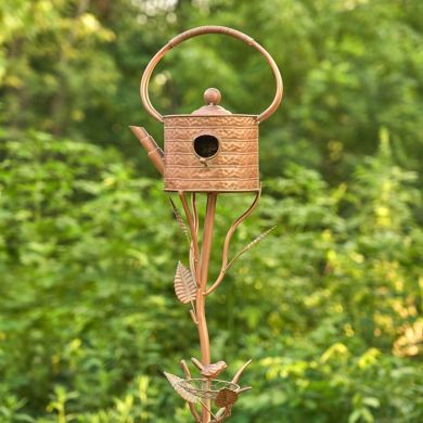 Antique Copper Teapot Birdhouse Garden Stake 