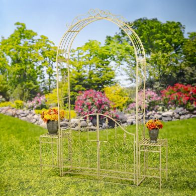 96″ Tall Garden Gate Archway with 2 Side Plant Stands “Genevieve”
