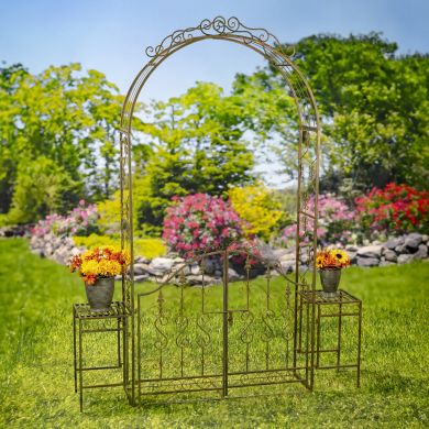 96″ Tall Garden Gate Archway with 2 Side Plant Stands “Genevieve”