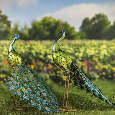 Set of 2 Large Colorful Peacocks with Jewels 