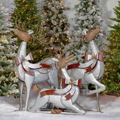 Set of 3 Large Galvanized Reindeer with Bows and Bells