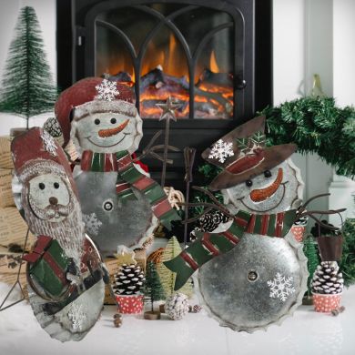 Set of 3 Galvanized Bottle Cap Snowmen and Santa Decor