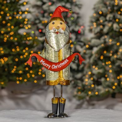 25.5″ Tall Galvanized Santa Claus Figurine with Merry Christmas Sash