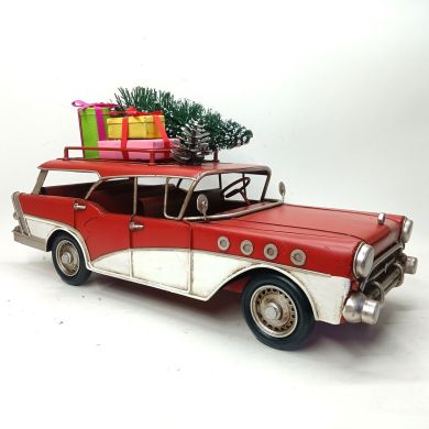 1940's Vintage Style Wagon with Christmas Tree and Gifts in Red
