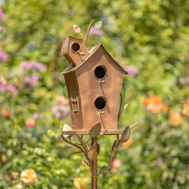 Large Double-Hole Birdhouse Stake with A-Frame Roof in Antique (Copper)