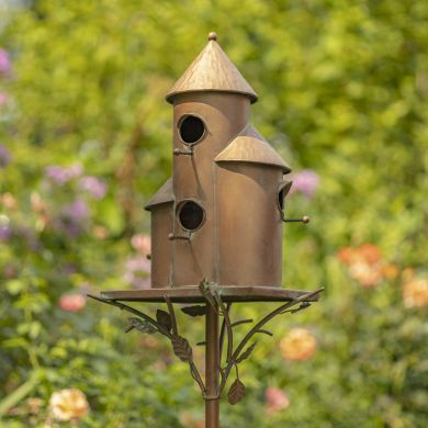 Tall Cylinder Triple Birdhouse Stake in Antique Copper