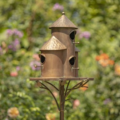 Plump Cylinder Triple Birdhouse Stake in Antique Copper