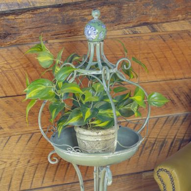 45″T Standing Green Iron Birdbath w/Ceramic Sailor Ball Accent in Frosted Green