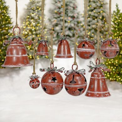 Set of 9 Assorted Antique Red Oversized Hanging Metal Christmas Bells