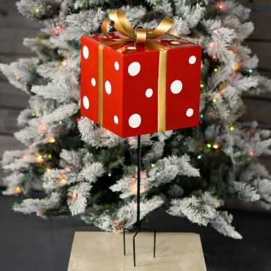 32.5 Tall Red & White Polka Dot Metal Christmas Gift Box with Stake