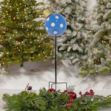 26″ Tall Blue & White Polka Dot Christmas Ball Ornament Metal Garden Stake