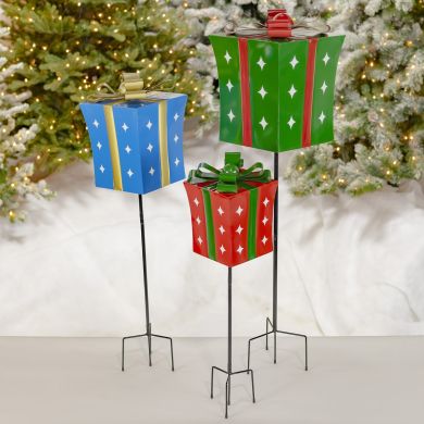 Set of 3 Asst. Christmas Gift Boxes with Twinkle Stars Garden Stakes