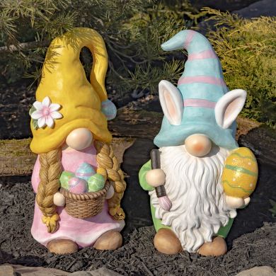 Set of 2 Easter Garden Gnome Couple with Bunny Ears and Painted Eggs