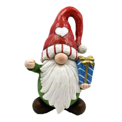 Christmas Gnome Holding Gift with Red Heart Hat
