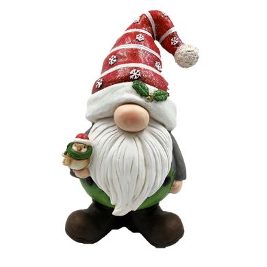 Christmas Gnome Holding Bird with Red Snowflake Hat