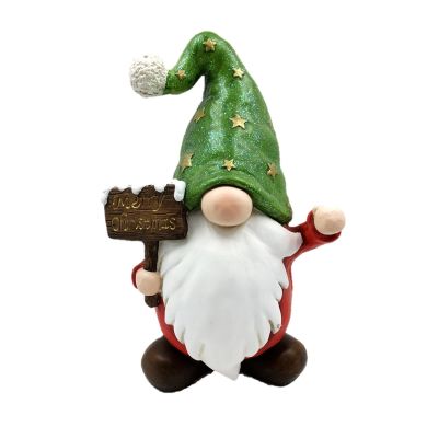 Christmas Gnome Holding Wooden Sign with Green Star Hat