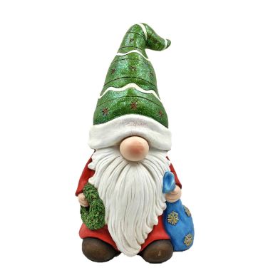 Christmas Gnome Holding Blue Gift Bag with Green Hat