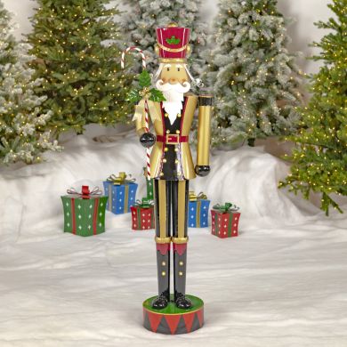 65.35″ Tall Standing Iron Nutcracker in Gold with Candy Cane & LED Lights “Kane”