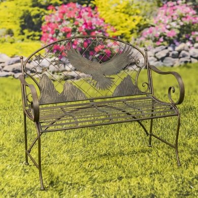Round Top Iron Garden Bench with Flying Eagle and Star Backrest “Klamath Basin”