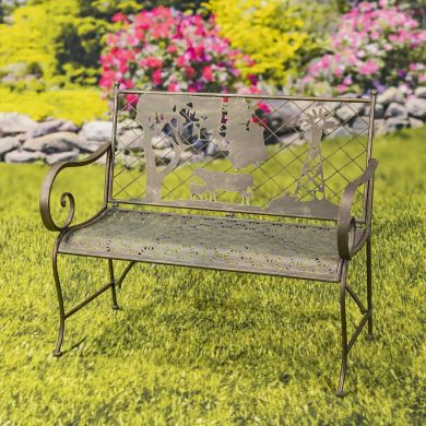 Rectangular Iron Garden Bench with Cow and Windmill Silhouette “Strasburg”