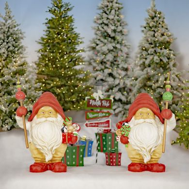 Set of Two 27.5″ Tall Santa Gnome Statue Holding Gifts and Staffs “Nick & Kris”