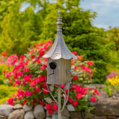 64.75″ Tall Iron Birdhouse Stake in Antique finish “Chelsea” (Silver)