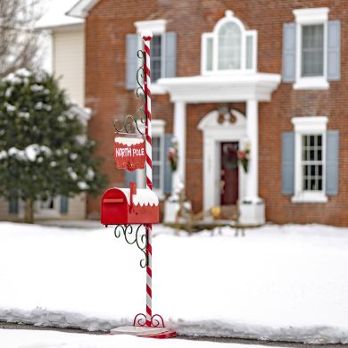 Christmas Mailbox with Candy Cane Pole and Hanging Sign Plate