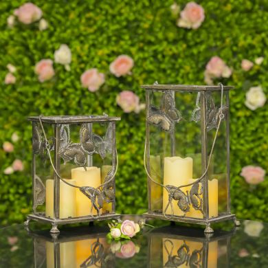 Set of 2 Rectangular Glass Butterfly Lanterns in Frosted Gold