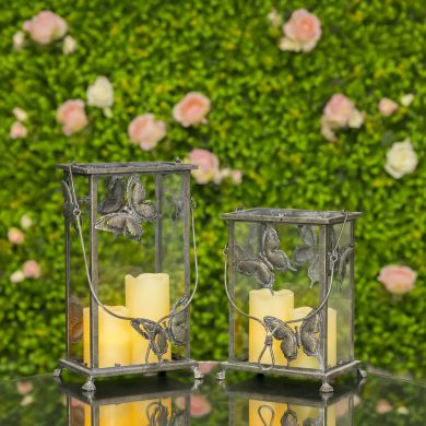 Set of 2 Rectangular Glass Butterfly Lanterns in Frosted Silver