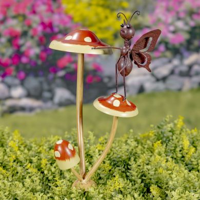 Bustling Butterflies on Iron Mushroom Garden Stakes - 1 Butterfly, Standing Right