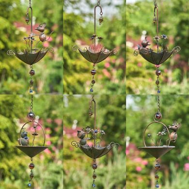 Set of 6 Assorted Animal Hanging Umbrella Birdfeeder Wind Chimes in Copper