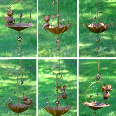 Set of 6 Assorted Animal Hanging Umbrella Birdfeeder Wind Chimes in Rust