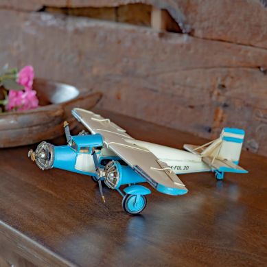 Metal Model Airplane Decor in Blue and Cream