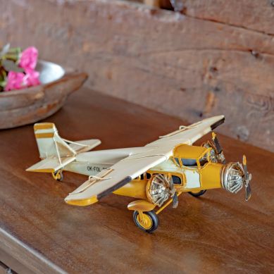 Metal Model Airplane Decor in Yellow and Cream