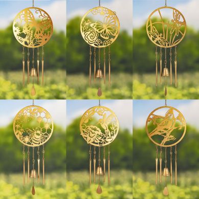 Set of 6 Assorted Circular Copper Wind Chimes with Nature Scenes and Bell