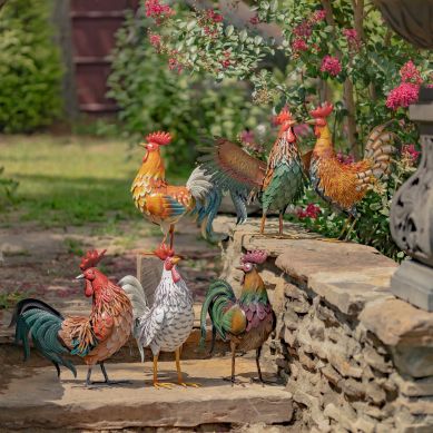Set of 6 Assorted Style Galvanized Iron Rooster Figurines