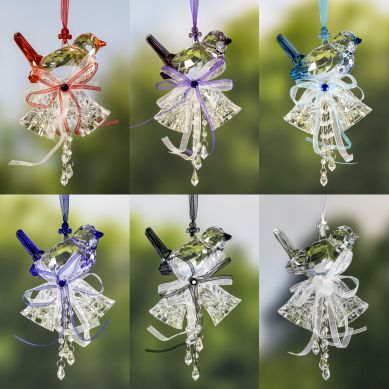 Set of 6 Hanging Acrylic Sparrow Ornaments with Bells in Assorted Colors