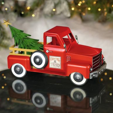 Small Red Iron Pickup Truck with Christmas Tree (Red)