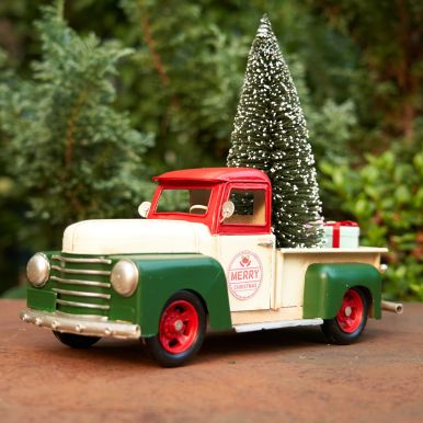 Red, White & Green Iron Pickup Truck with Christmas Tree & Gifts