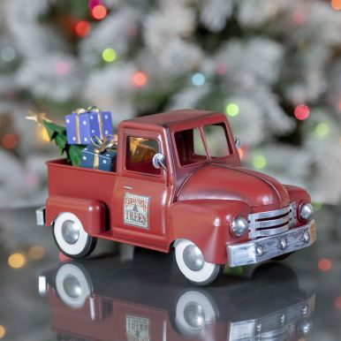Mini Metal Truck with Christmas Tree and Gifts in Antique Red