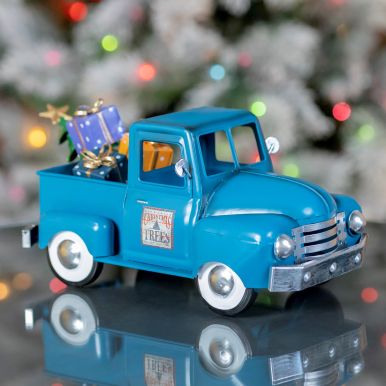 Mini Metal Truck with Christmas Tree and Gifts in Antique Blue