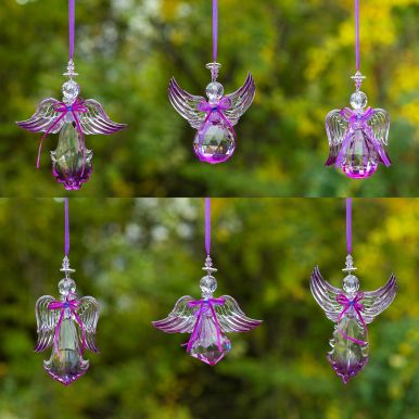 Set of 6 Hanging Purple Acrylic Angel Ornaments in Assorted Styles