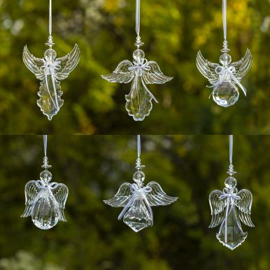Set of 6 Hanging Clear Acrylic Angel Ornaments in Assorted Styles