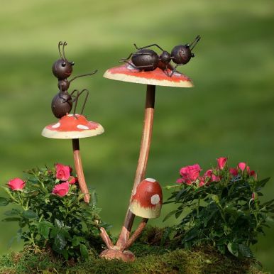 Funny Ants on Mushroom Garden Stakes - 2 Ants, Relaxing