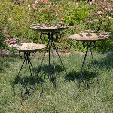Set of 3 Frosted Gold Iron Birdbaths with Butterflies 